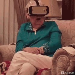 scared old lady trying VR glasses
